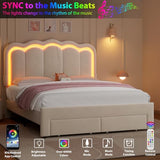 Twin Upholstered LED Bed Frame with Storage Drawer and Adjustable Chic Double Wavy Headboard, Velvet Princess Platform Bed for Kids/Girls, Solid Wood Slats Support, No Box Spring Needed, Beige