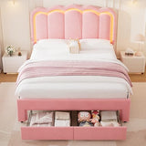 Twin Upholstered LED Bed Frame with Storage Drawer and Adjustable Chic Double Wavy Headboard, Velvet Princess Platform Bed for Kids/Girls, Solid Wood Slats Support, No Box Spring Needed, Beige