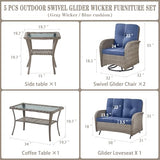 Patio Wicker Chairs Swivel Rocker – Outdoor Swivel Rocking Chairs Set of 2 with Rattan Side Table, Patio Swivel Glider Chair 3 Piece Patio Furniture Sets for Deck Porch Pool Brown/Blue