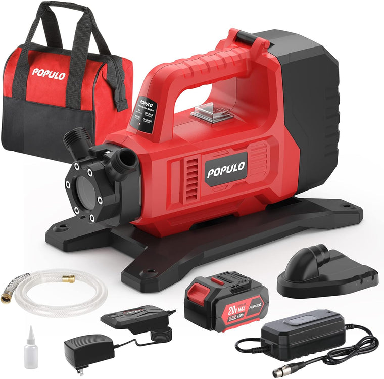 POPULO Hybrid Water Transfer Pump, 120VAC or 20VDC 4Ah 325GPH 45ft Portable Electric Utility Pump, Electric Cordless Water Pump for Home, Pool, RV with 3/4 Garden Hose Thread and Suction Filter