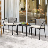 Dextrus 3-Piece Patio Conversation Bistro Set, Outdoor Wicker Dining Table Chairs Set, With 2 Stackable Chairs, Cushions, Side Table – White